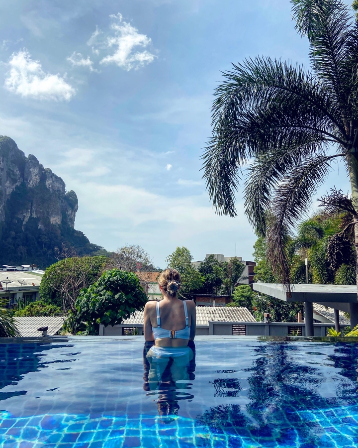 Person viewing a lush landscape with a cliff in the background.