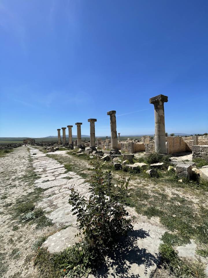 Ruines avec plusieurs colonnes debout sous un ciel bleu dégagé.