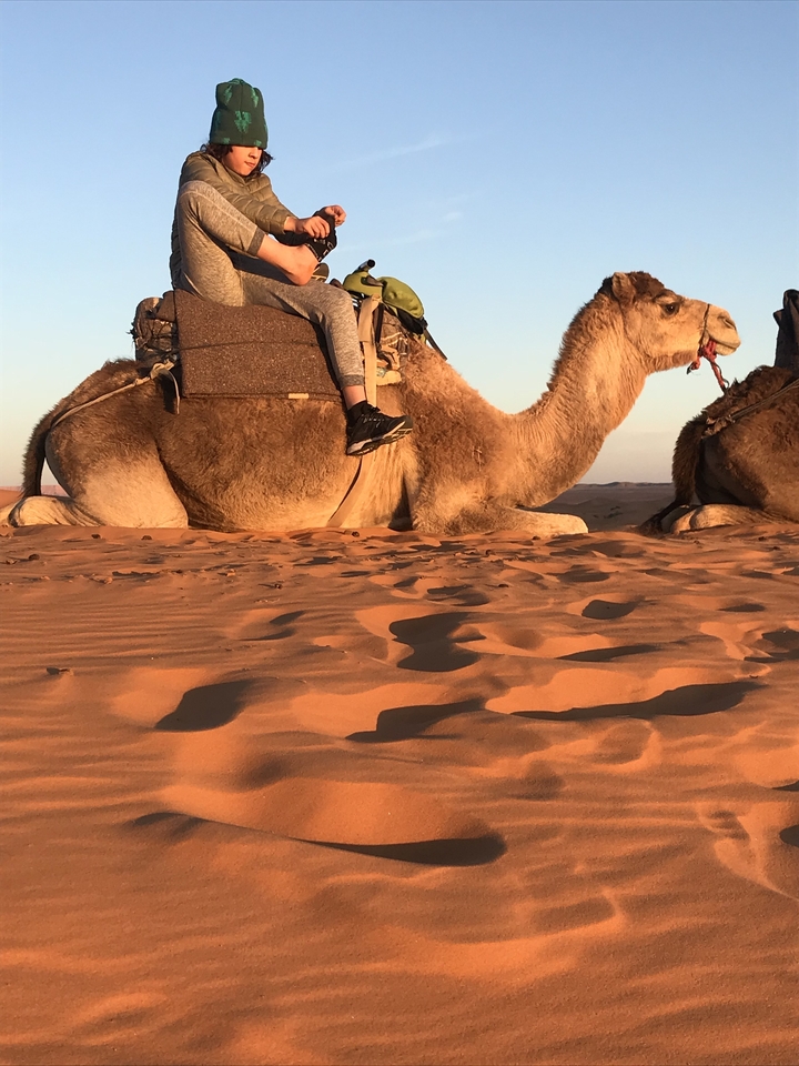 Des cavaliers de chameaux traversant le désert au coucher du soleil.