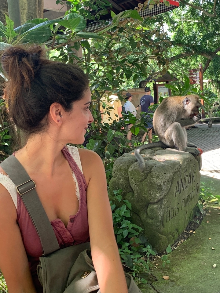 Une femme assise près d'un singe sur une pierre avec de la végétation tropicale en arrière-plan.