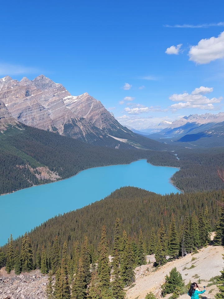 Vue aérienne d'un lac bleu vif en forme de loup.