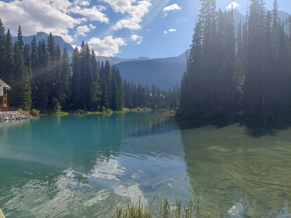 Lac turquoise entouré de forêt et de montagnes.