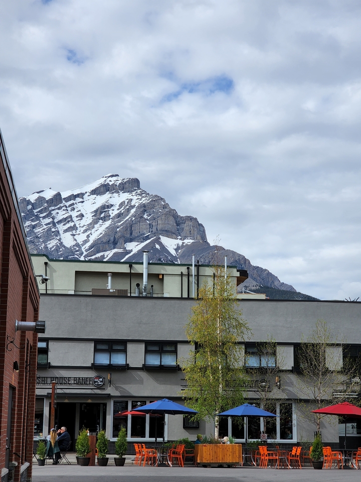 Pic de montagne enneigé vu au-dessus des toits.