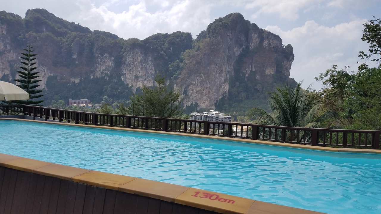 Swimming pool with mountain view.
