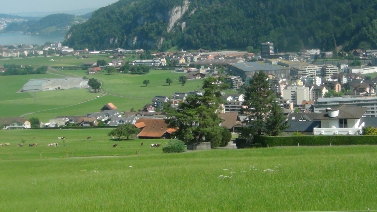Paysage verdoyant avec bâtiments et montagnes.