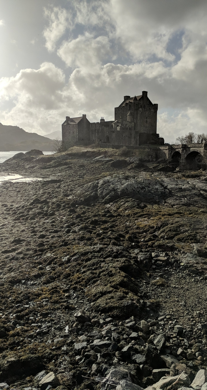 Rochers et littoral à marée basse près d'un pont en pierre
