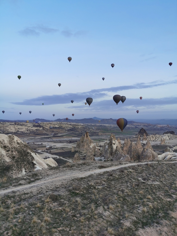 Montgolfières flottant au-dessus des formations rocheuses en Cappadoce, Turquie.
