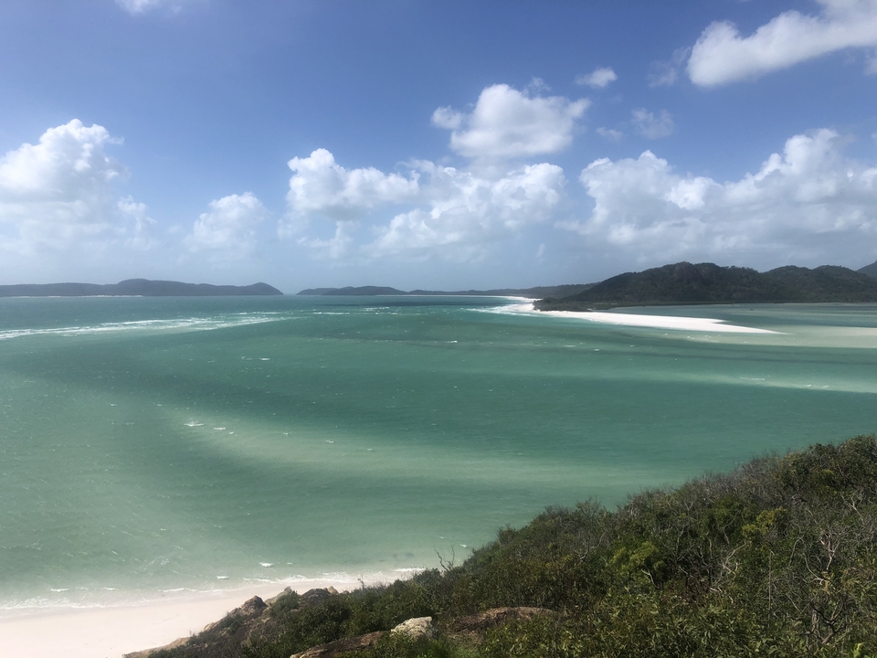 Scenic view of the Whitsunday Islands with turquoise waters and sandy shores.