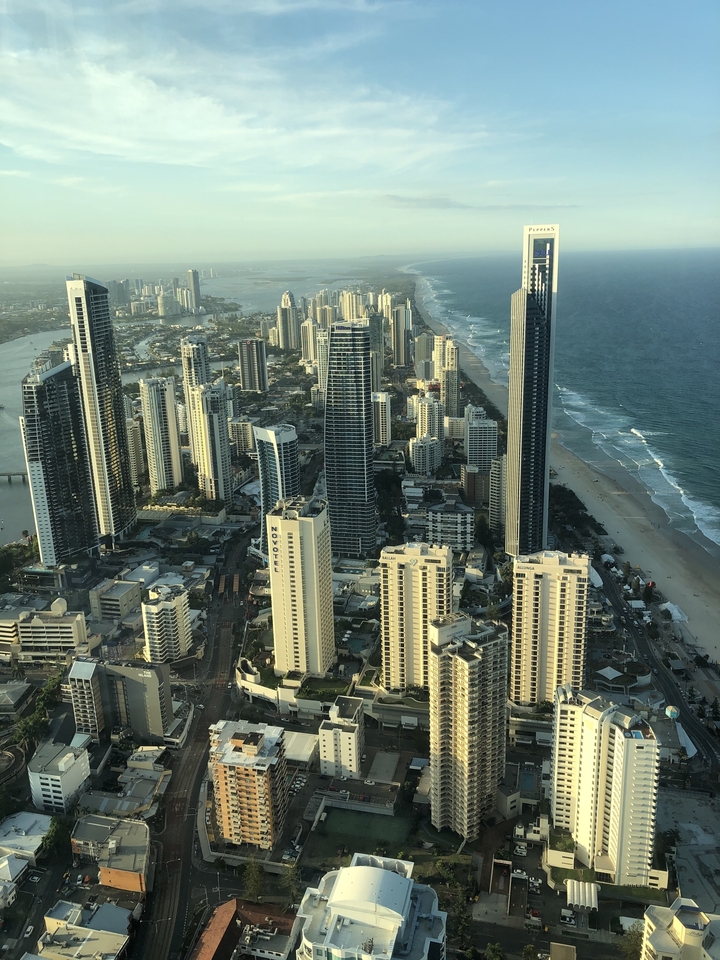 Skyline view of Surfers Paradise with high-rise buildings and coastline.