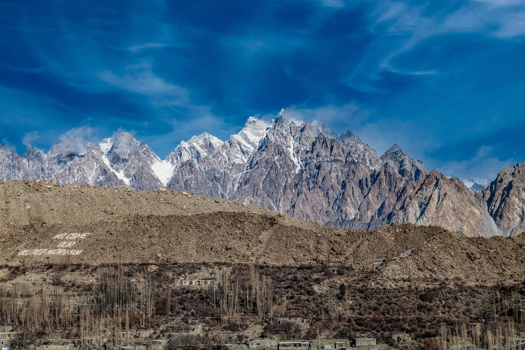 Mountain range with a clear blue sky.