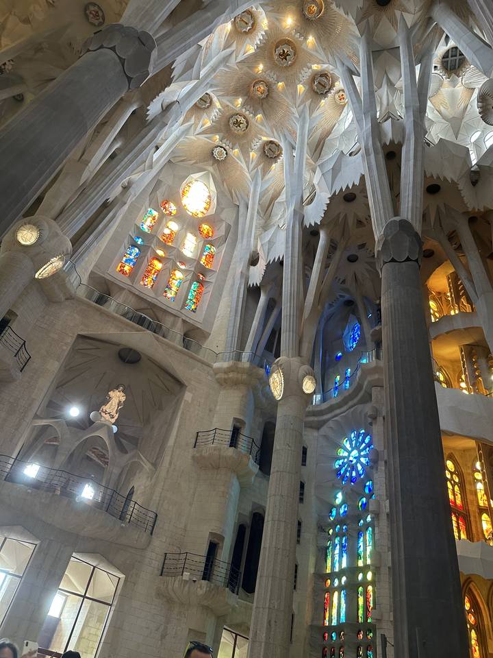 Roof of an ornate cathedral with stained glass windows.