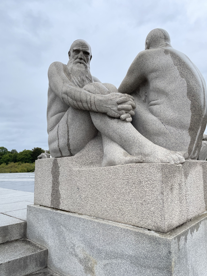 Gros plan d'une sculpture en granit aux détails complexes.