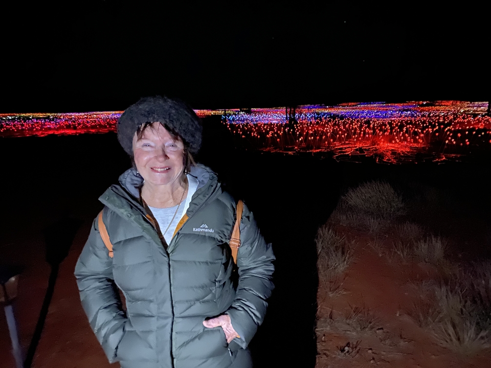 Persona parada frente a una exhibición de luces coloridas en la noche.