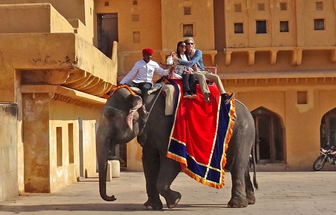 Couple taking a selfie while seated on a brightly decorated elephant with a mahout beside the walls of an Indian fort.
