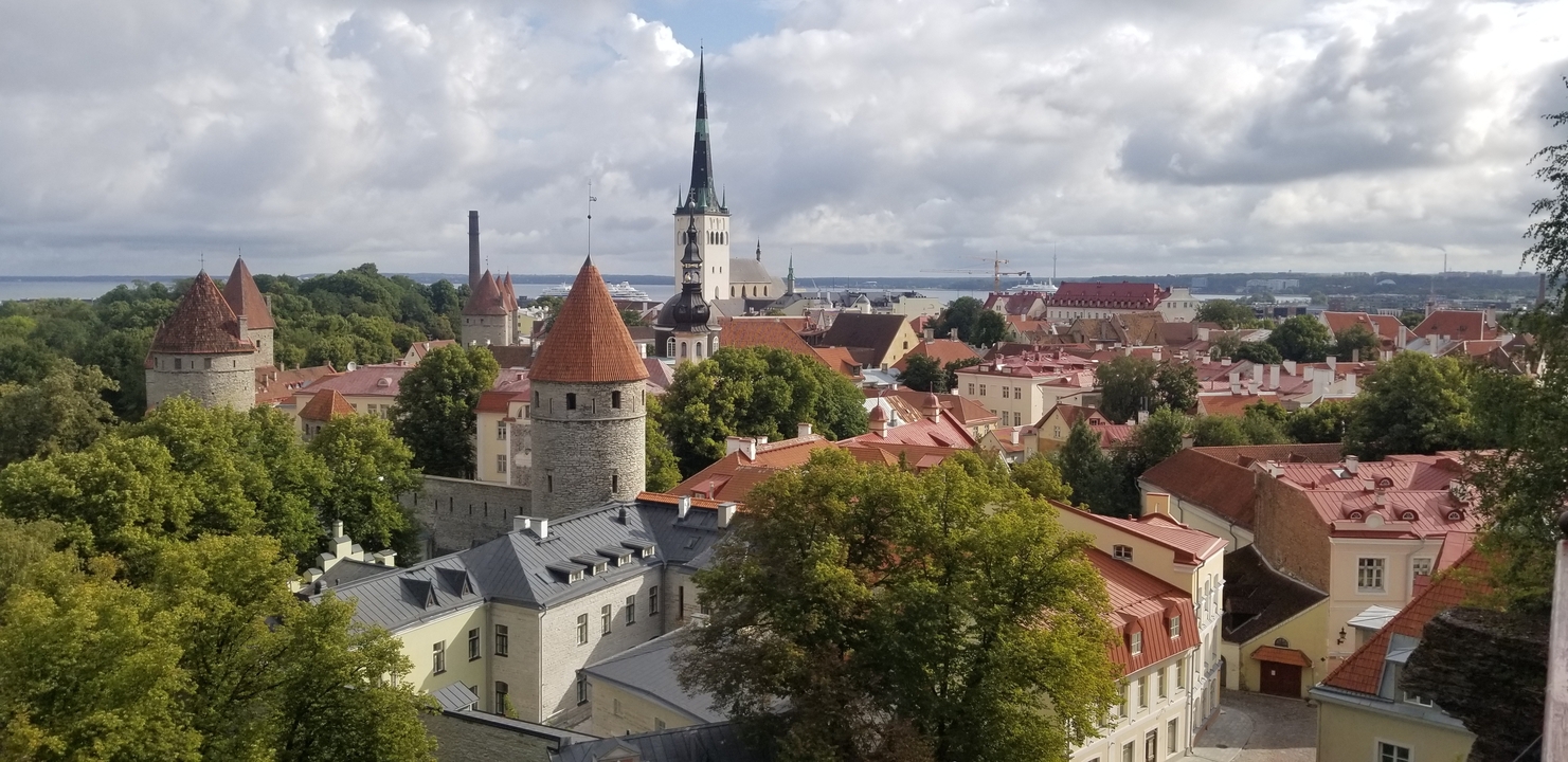 Vue aérienne d'une ville historique avec des toits rouges and des clochers d'église.