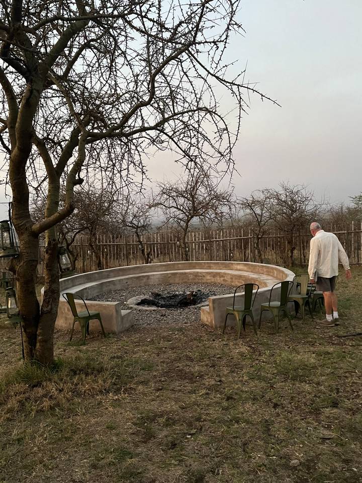 Foyer extérieur entouré de chaises et d'arbres nus.