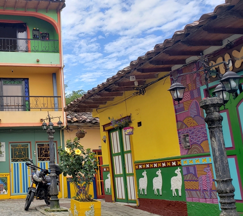 Bâtiments colorés avec des façades artistiques et des plantes suspendues.