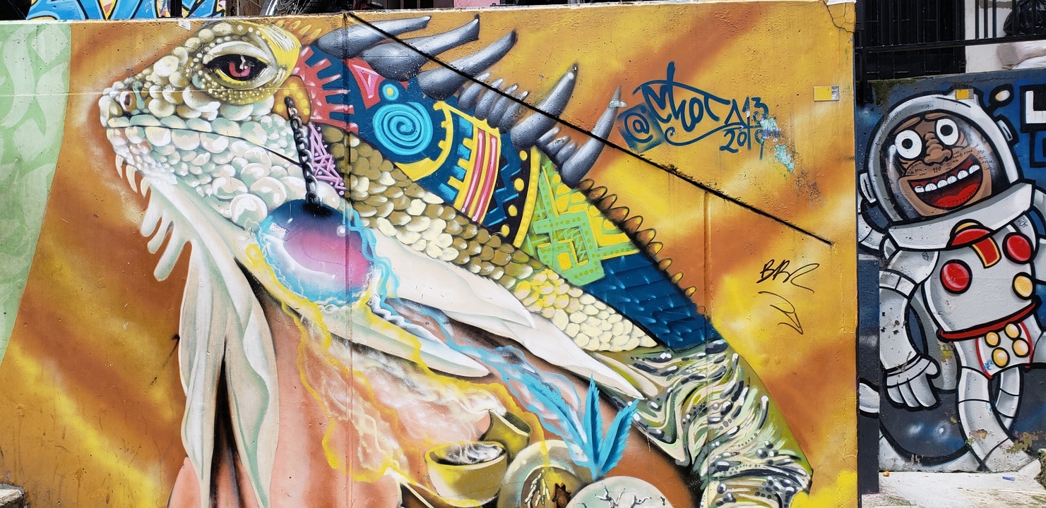 Fresque murale de graffiti colorée représentant un iguane et un astronaute.