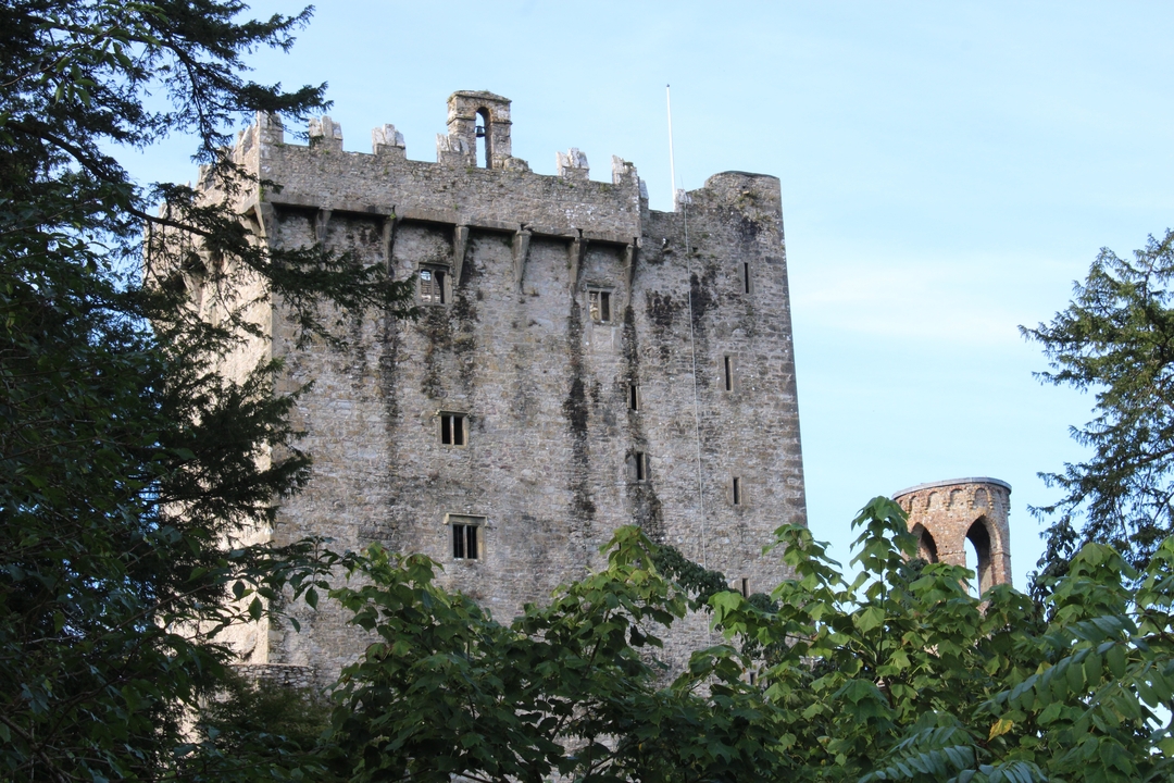 Historische Steinburg mit einem kleineren runden Turm, umgeben von Bäumen.