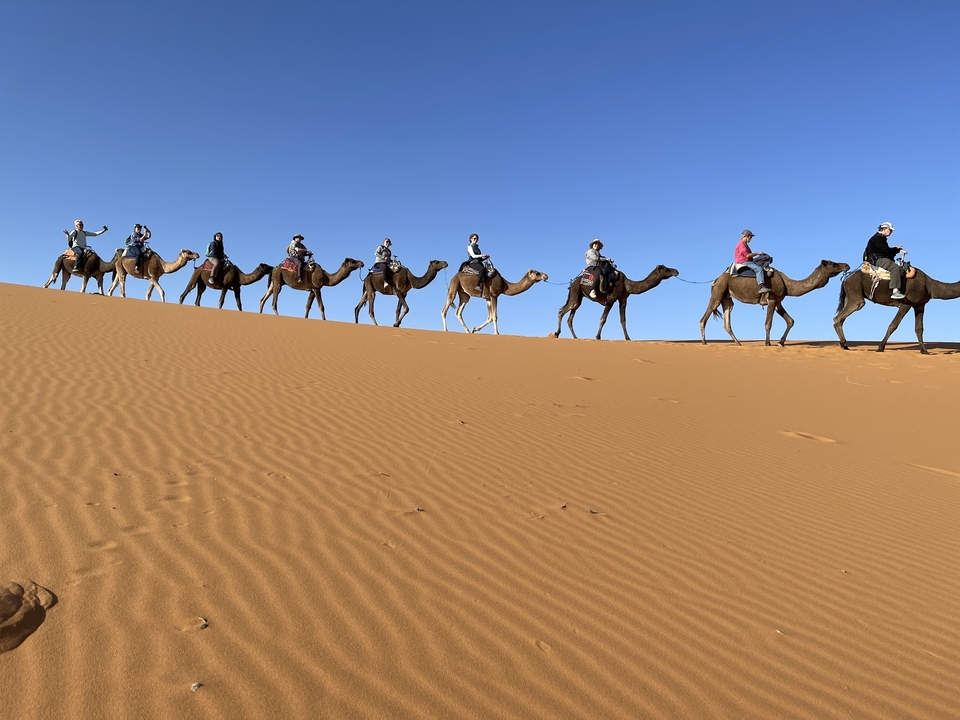 Ligne de personnes montant des chameaux à travers les dunes du désert.