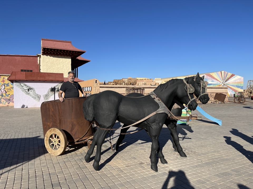 Personne posant avec un cheval et une calèche.