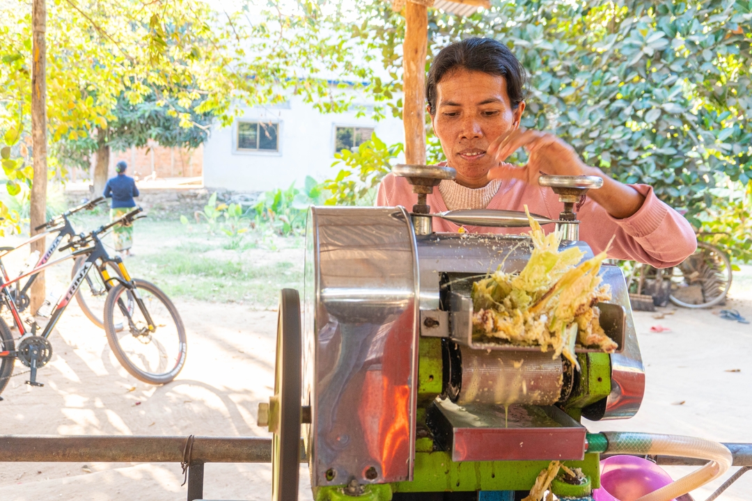 Femme utilisant une machine manuelle pour traiter la canne à sucre.