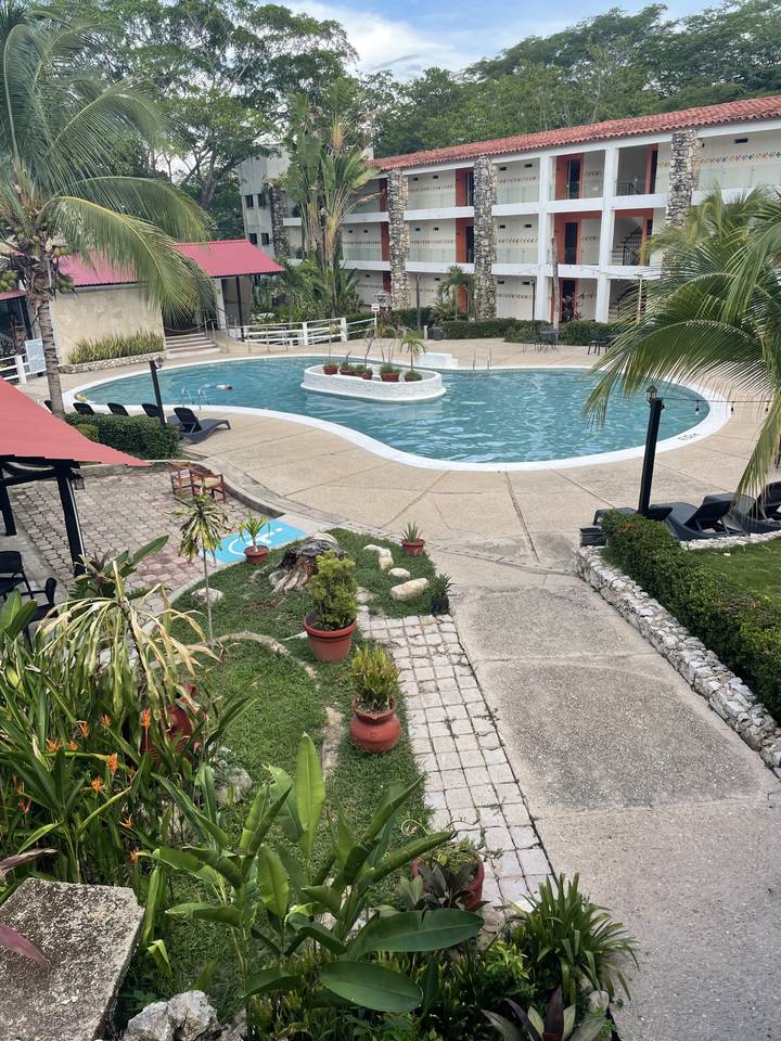 Piscine avec aménagements paysagers.