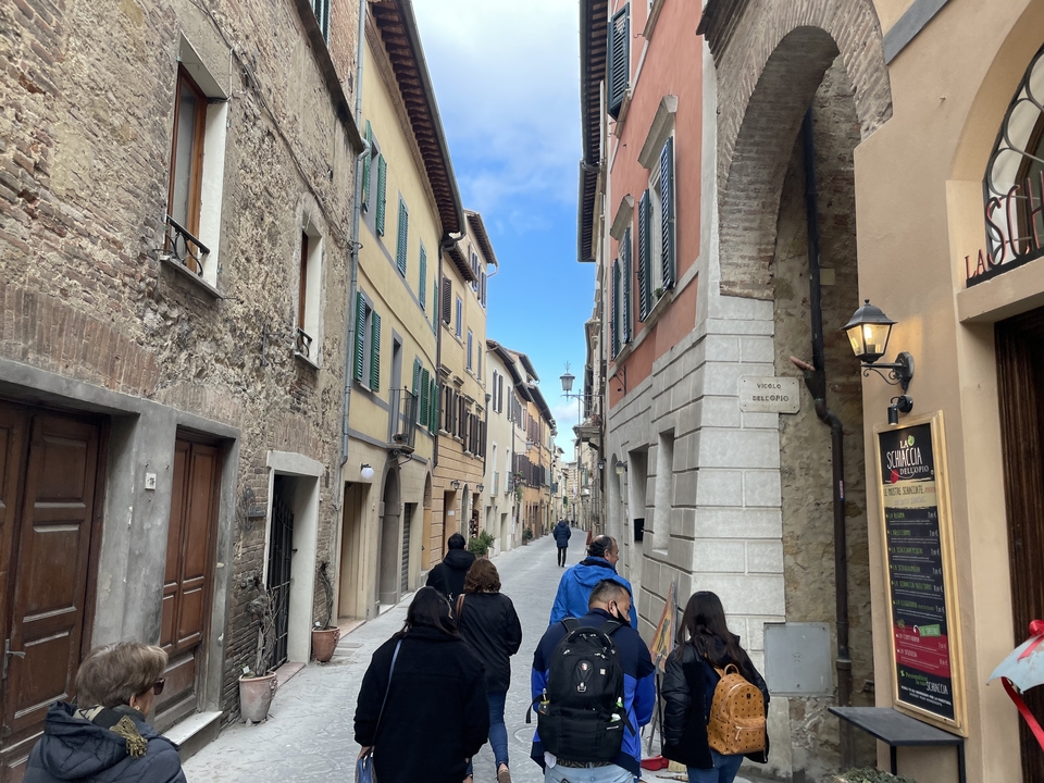 Des touristes se promènent dans une rue étroite bordée de bâtiments historiques.