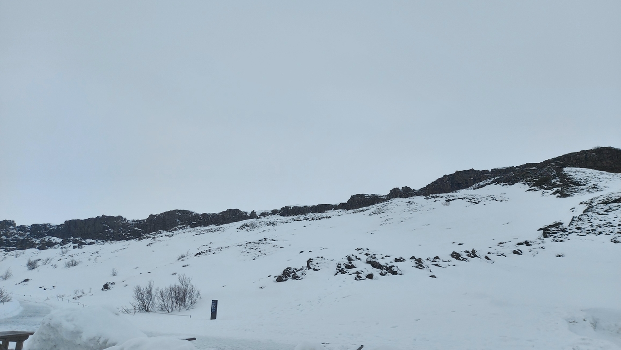 Snowy hillside under a gray sky.