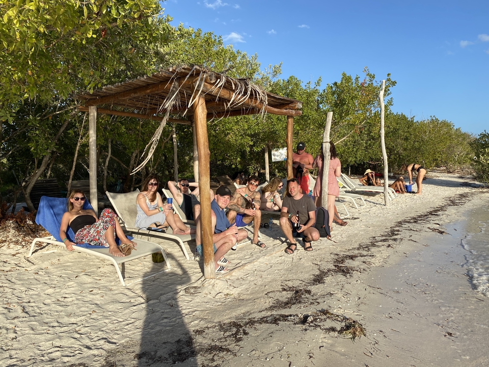 Group of people relaxing on a beach.