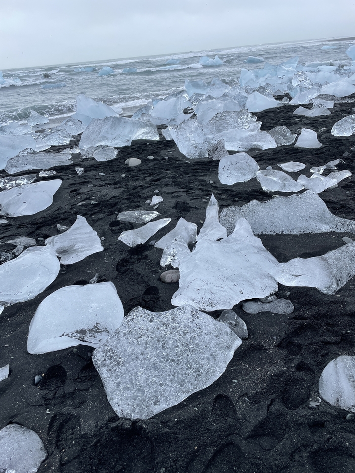 Des morceaux de glace sur une plage de sable noir.