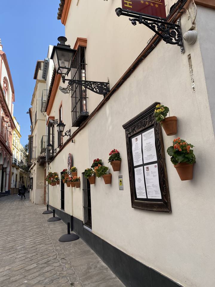 Rue avec des fleurs en pot et des panneaux de menu devant un restaurant.