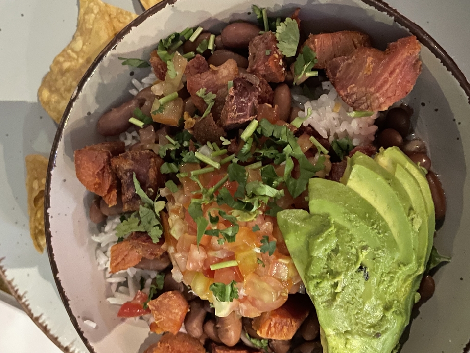 A dish with avocado, rice, beans, and meat.