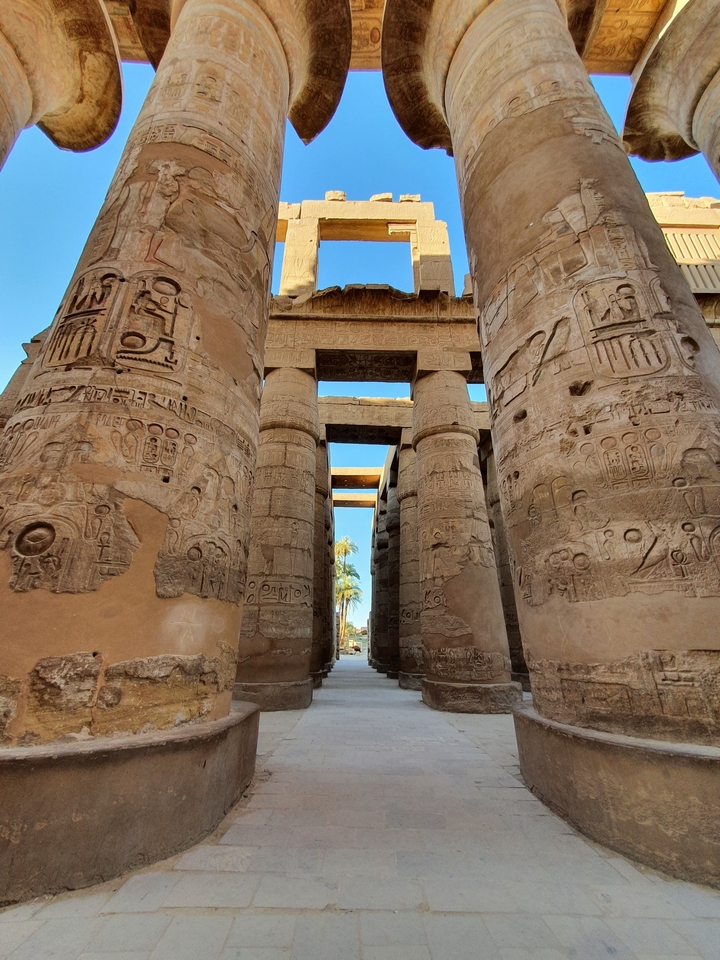 Colonnes de l'Égypte antique ornées d'hiéroglyphes à l'intérieur d'un temple.