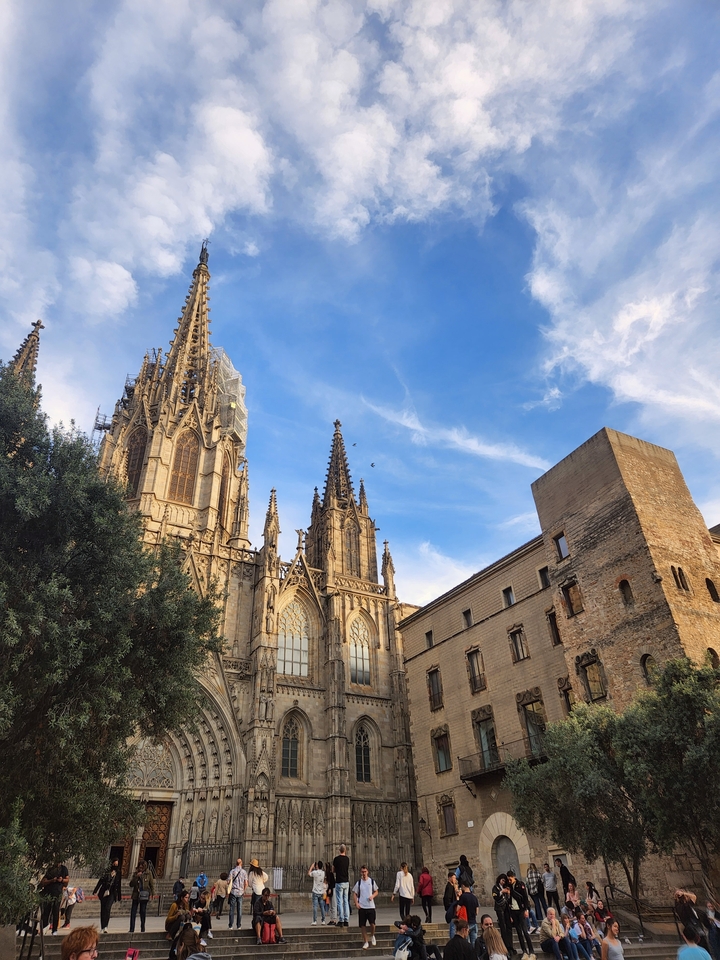 Gothic cathedral with clear blue sky.