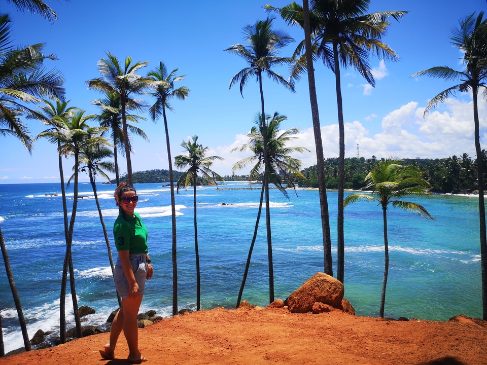 Personne prenant la pose avec une vue panoramique sur l'océan et des palmiers