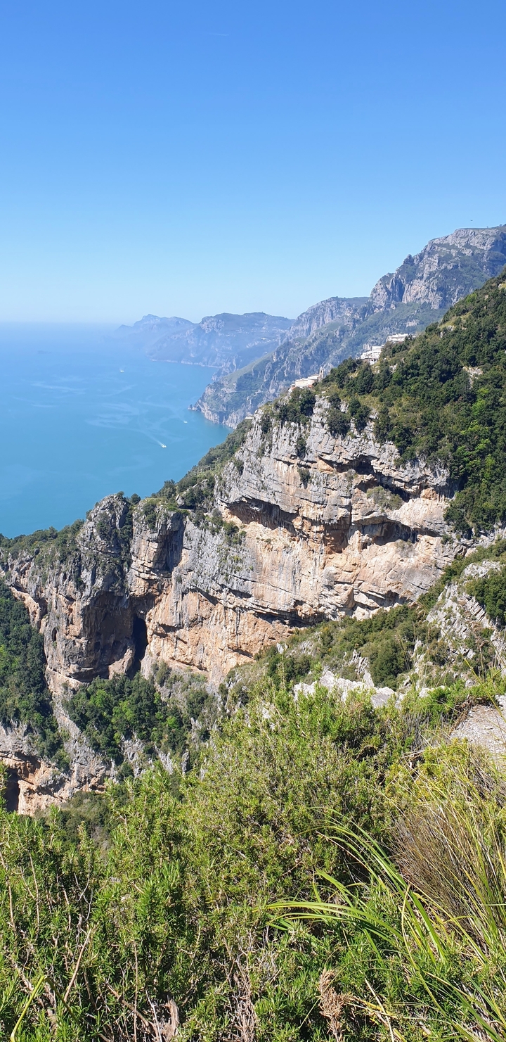 Cliffs rising dramatically from the sea with a lush, green landscape.
