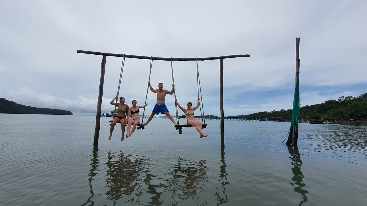 A group enjoying swings above water.