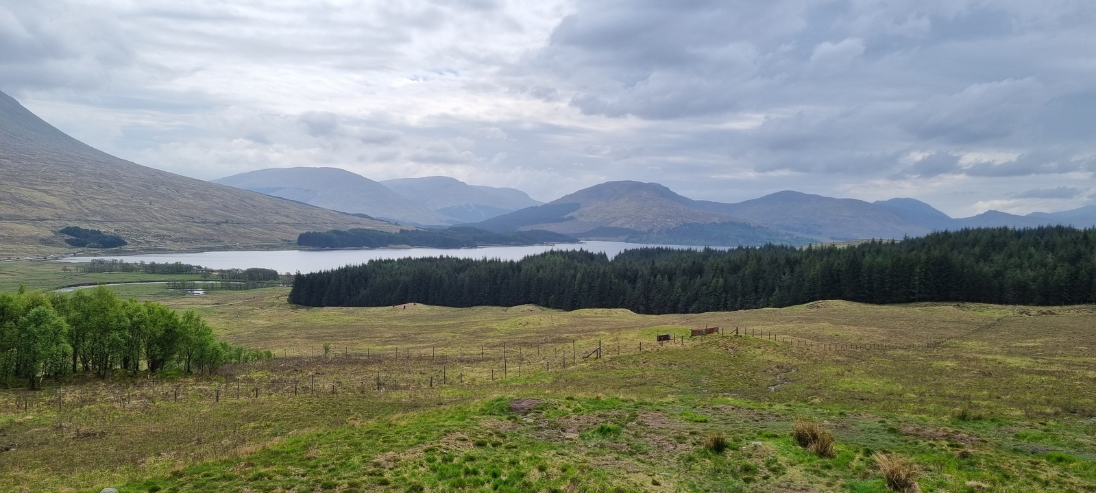 Vaste paysage d'un loch entouré de collines et de forêts.