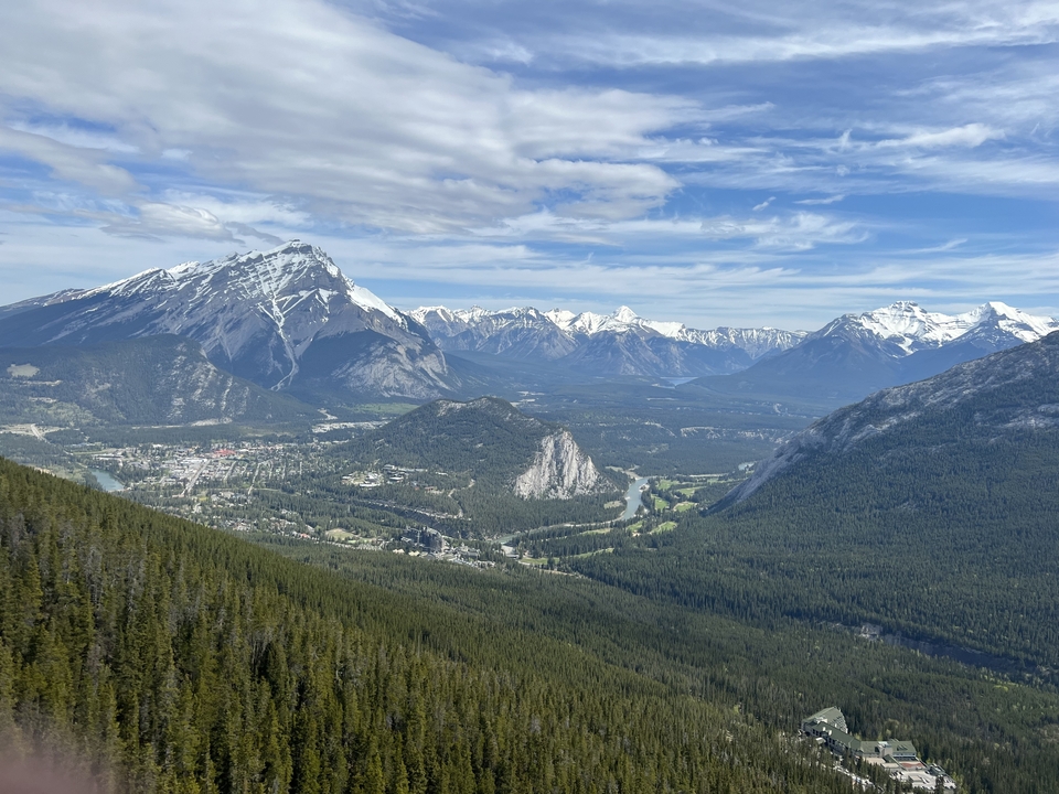 A breathtaking vista of mountains and forests with a river valley.