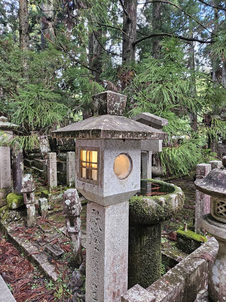 Une lanterne en pierre traditionnelle entourée d'une végétation luxuriante.