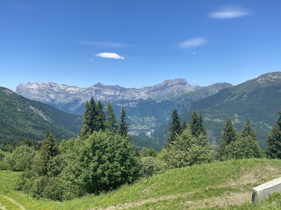 Vue panoramique sur les montagnes et vallées avec des arbres verts au premier plan.