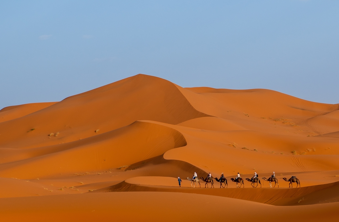 Caravane de chameaux traversant les vastes dunes de sable orange d'un désert.