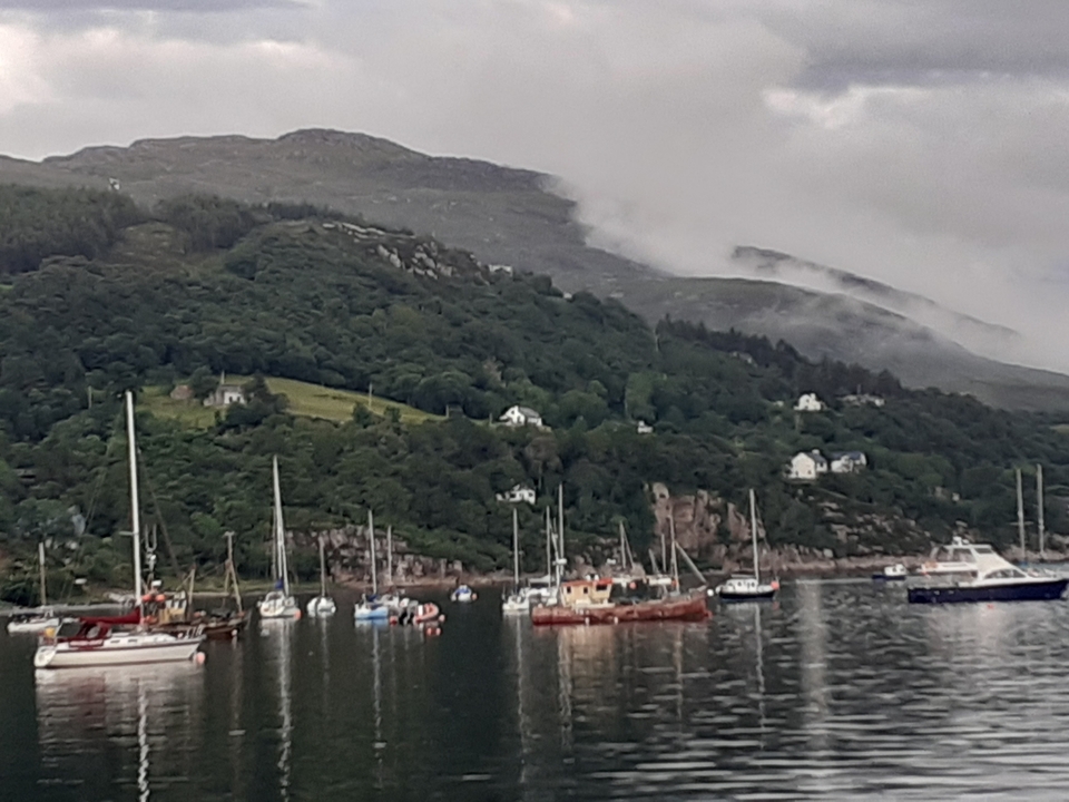 A bay with moored boats and houses on a hillside.