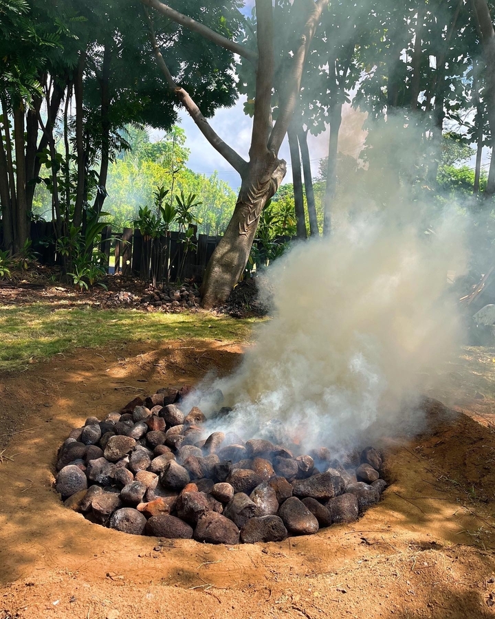 De la fumée s'élevant d'une fosse au sol avec des pierres, entourée d'arbres.