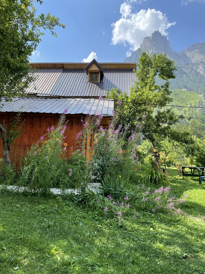 Charming wooden cabin surrounded by tall pink wildflowers and lush greenery