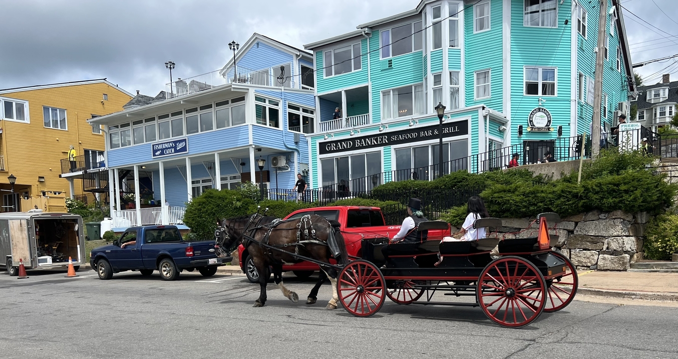 Calèche tirée par des chevaux dans une rue colorée avec des bâtiments bleus, roses et jaunes.
