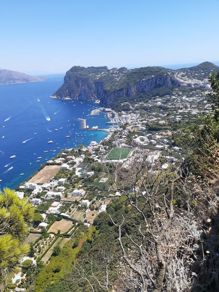 Vue aérienne d'une ville côtière avec un port de plaisance.