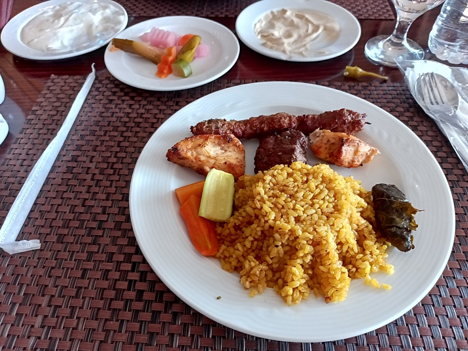 Gros plan d'une assiette avec du riz, des viandes grillées et des légumes.