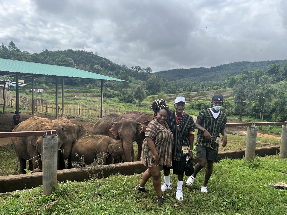Un groupe de personnes dans un sanctuaire d'éléphants.